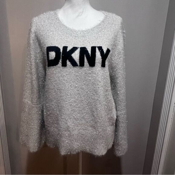 NWT DKNY Metallic Sweater womens size XL with bell sleeves in gray and black - Picture 1 of 10